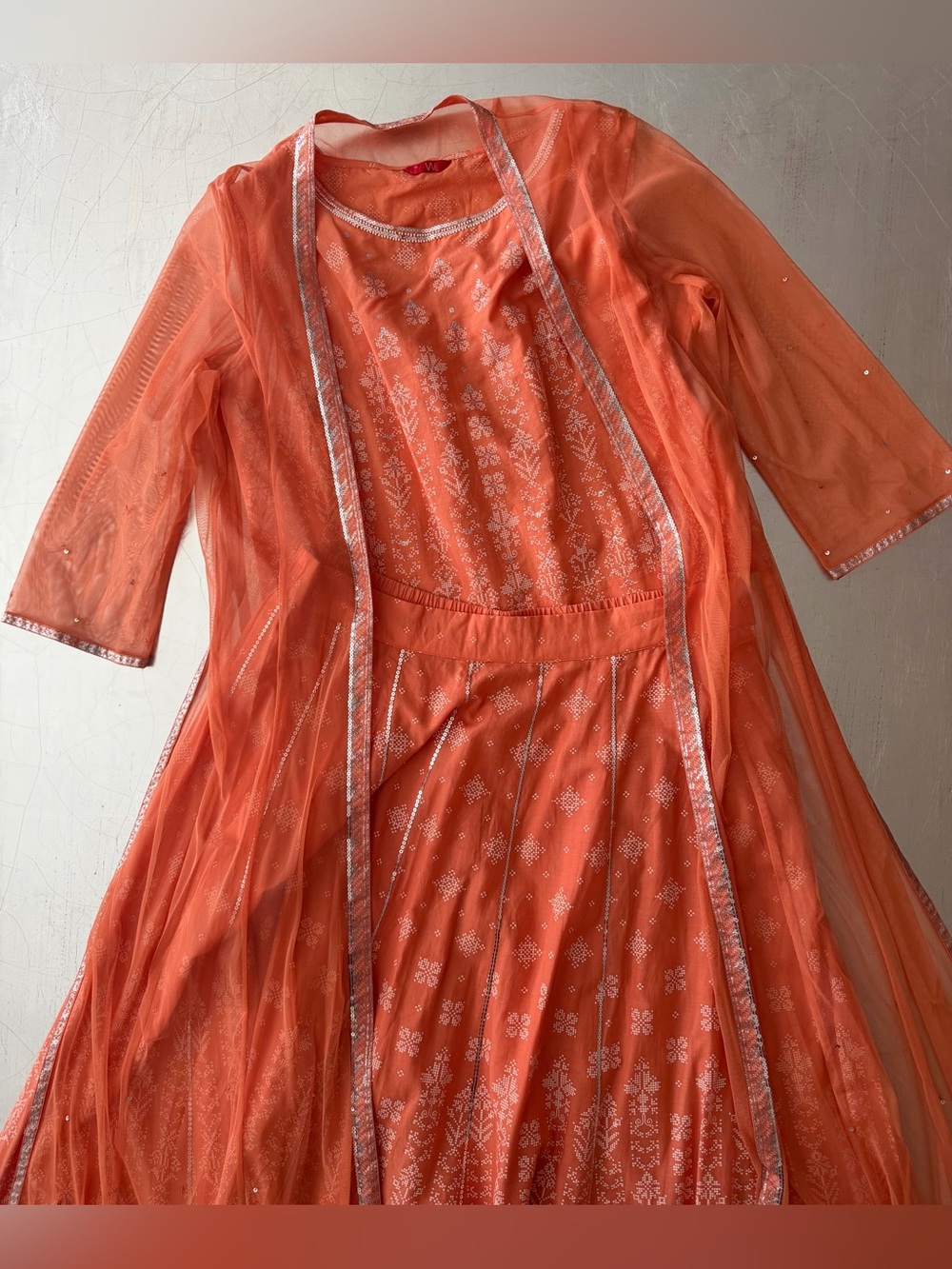 Ethnic Indian Wear Orange-White-Silver Embellished 3-Piece Set